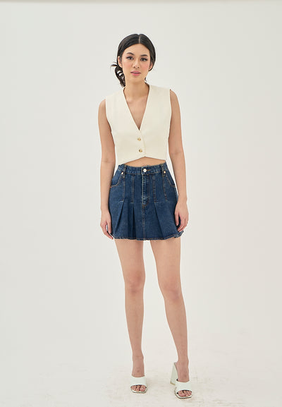Zella Blue Denim Pleated Zipper Fly Side Pockets Mini Skirt