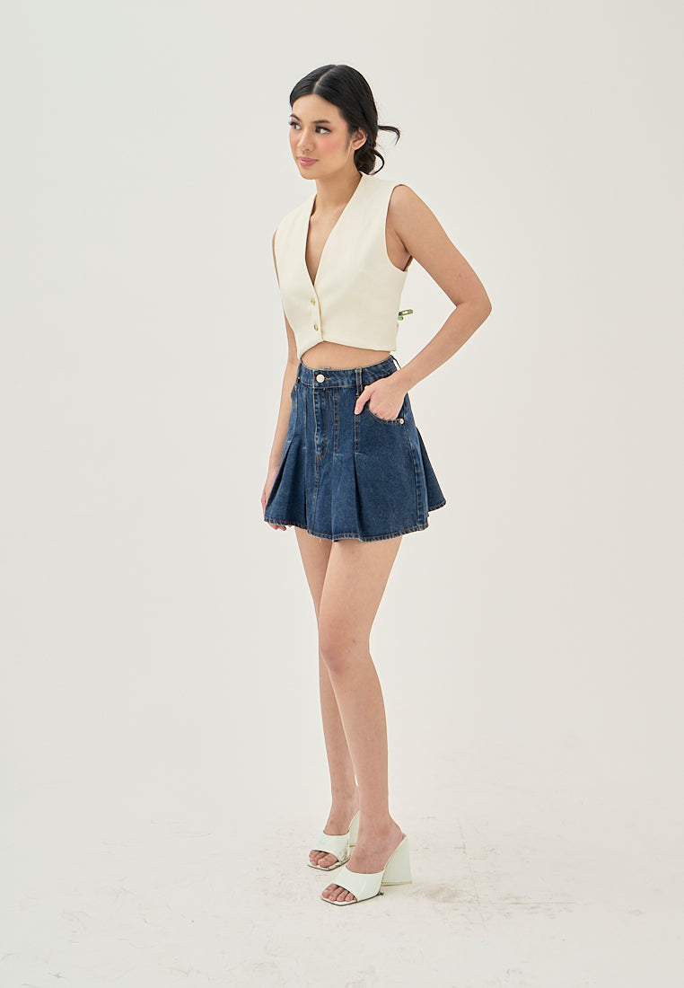 Zella Blue Denim Pleated Zipper Fly Side Pockets Mini Skirt