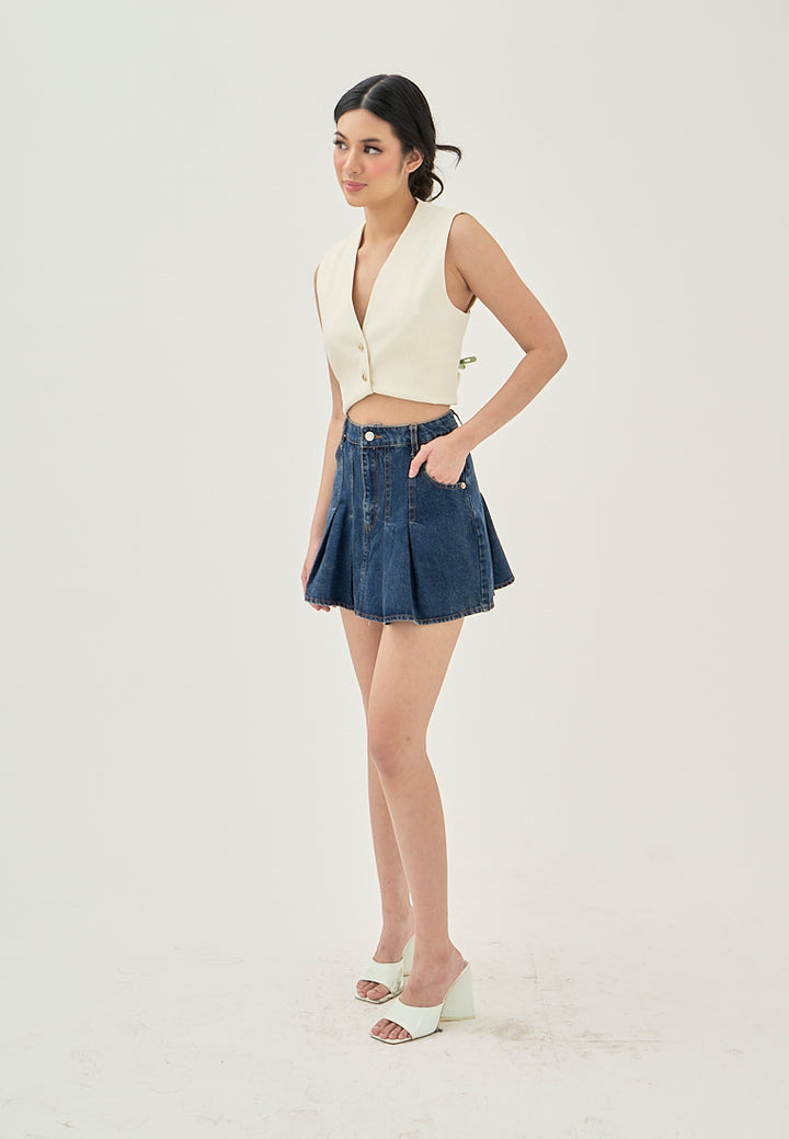 Zella Blue Denim Pleated Zipper Fly Side Pockets Mini Skirt