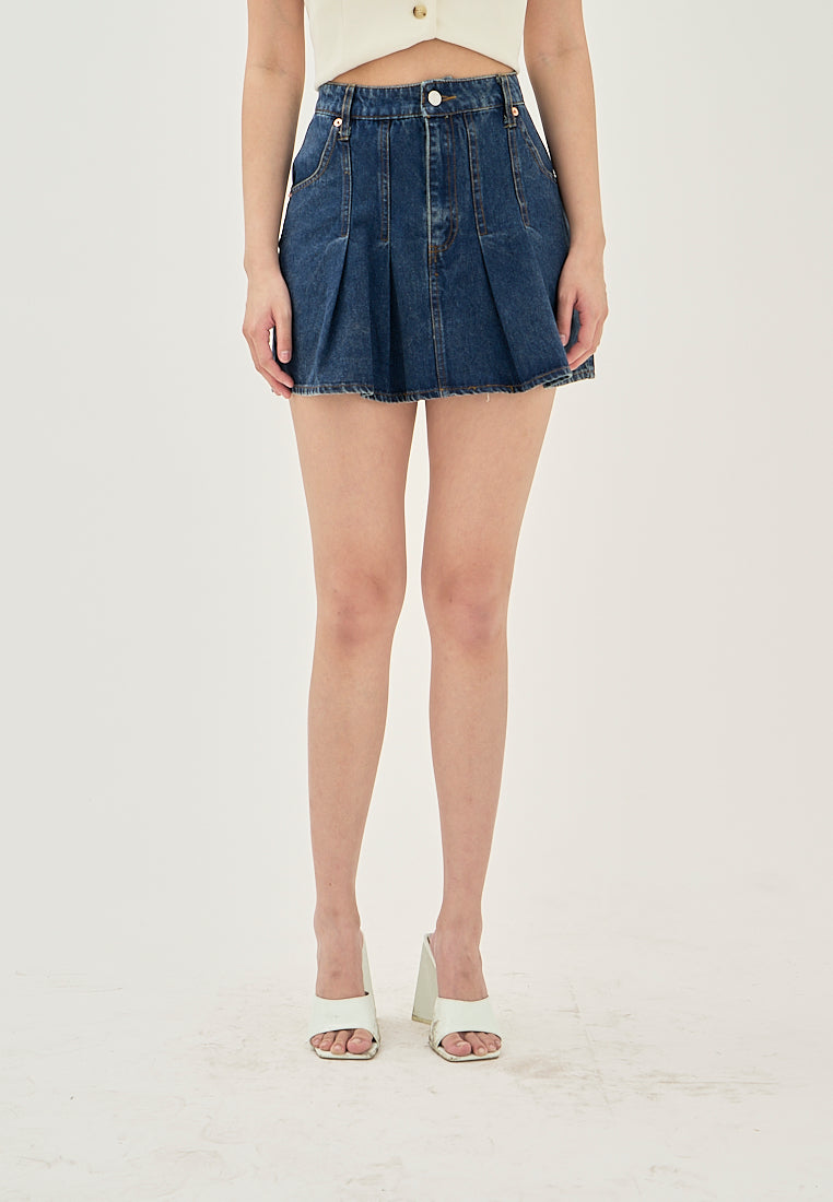 Zella Blue Denim Pleated Zipper Fly Side Pockets Mini Skirt