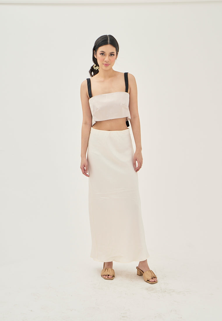 Sundae Cream Satin Straight Cut A-Line Midi Skirt
