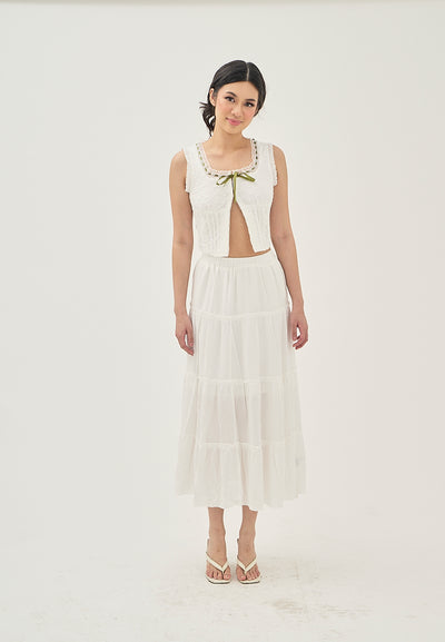 Tifarra White Elastic Waist Tiered Midi Skirt