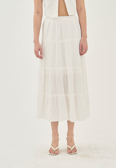 Tifarra White Elastic Waist Tiered Midi Skirt