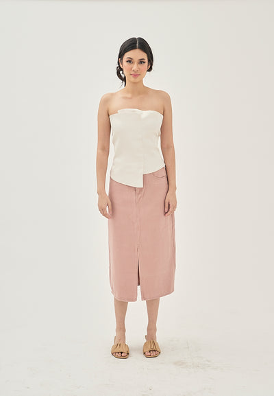 Chayya Pink Denim Front Slit Zipper Fly Multi Pockets Midi Skirt