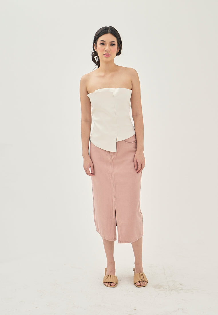 Chayya Pink Denim Front Slit Zipper Fly Multi Pockets Midi Skirt