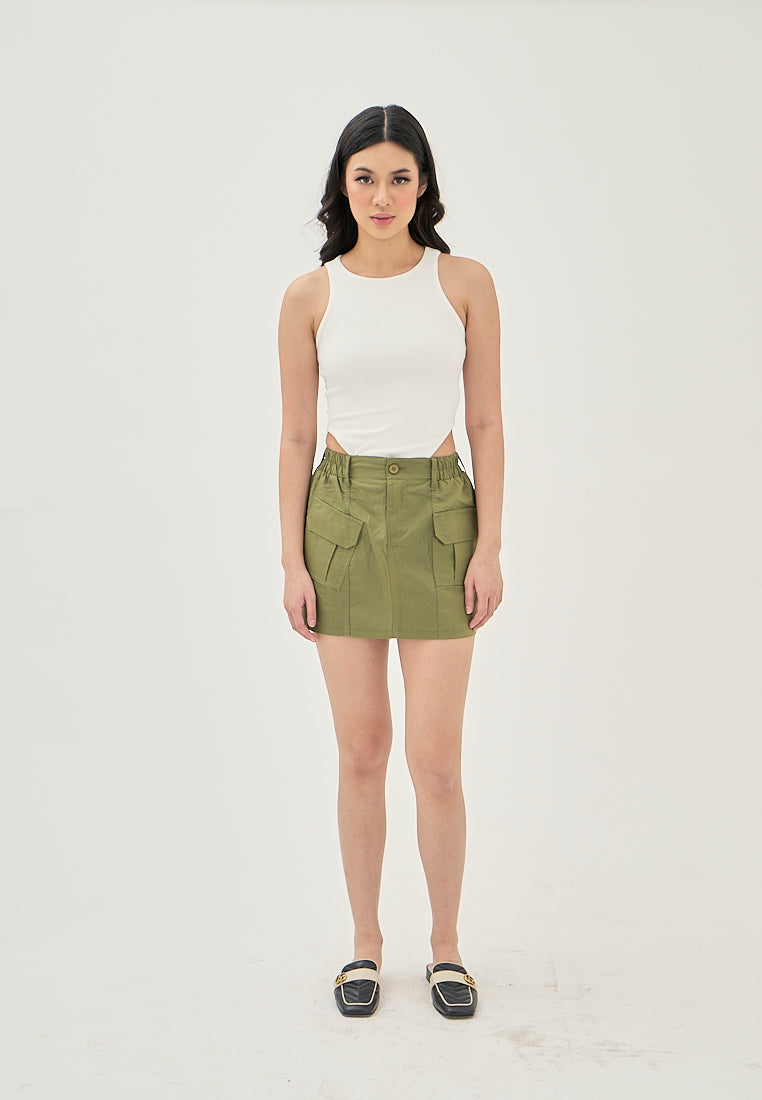 Hadlee Green Elastic Waist Front Pockets Cargo Mini Skirt