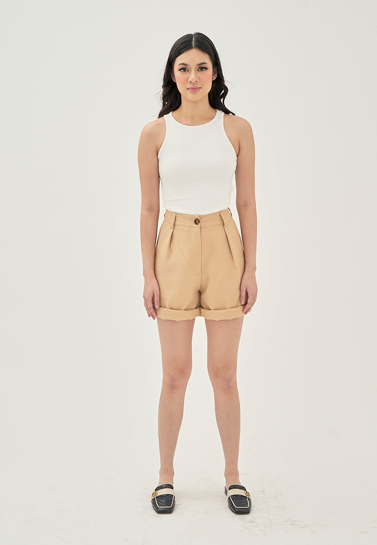 Gleesy Beige Zipper Fly with Side Pockets Pleated Casual Shorts