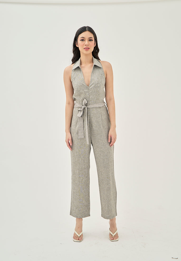 Analou Grey Collar V Neck Sashes Front Zipper Hallow Out Back Halter  Sleeveless Jumpsuit