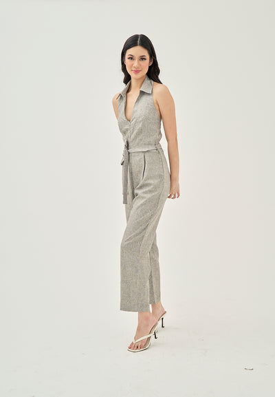 Analou Grey Collar V Neck Sashes Front Zipper Hallow Out Back Halter  Sleeveless Jumpsuit