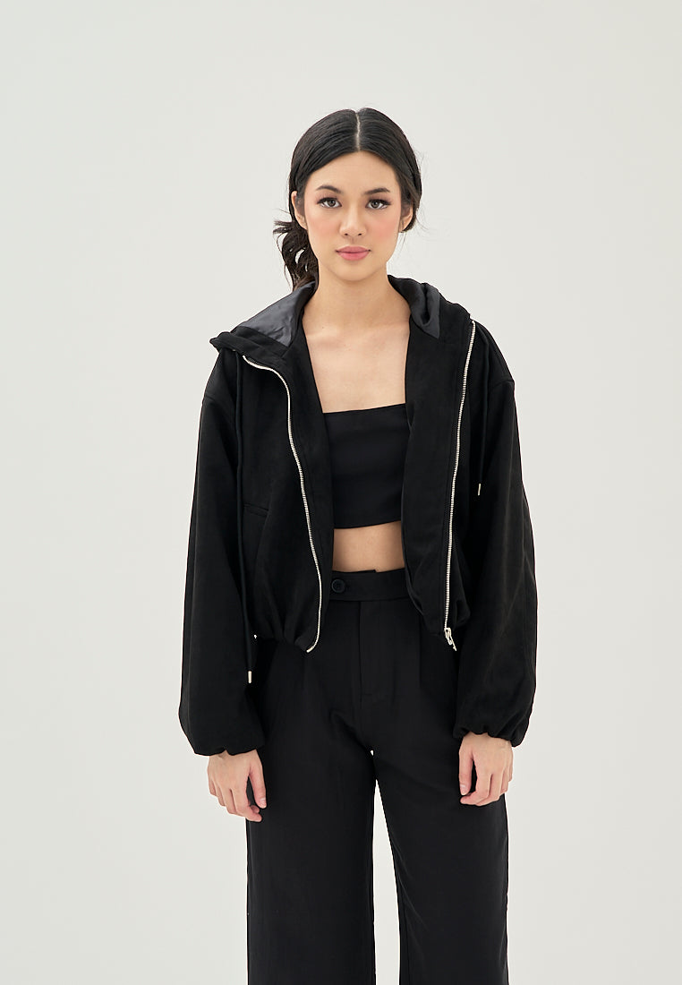 Jarra Black Zipper Fly Elastic Wasit Drawstring Long Sleeve Oversize Hoodie Jacket