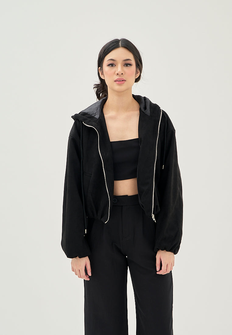 Jarra Black Zipper Fly Elastic Wasit Drawstring Long Sleeve Oversize Hoodie Jacket