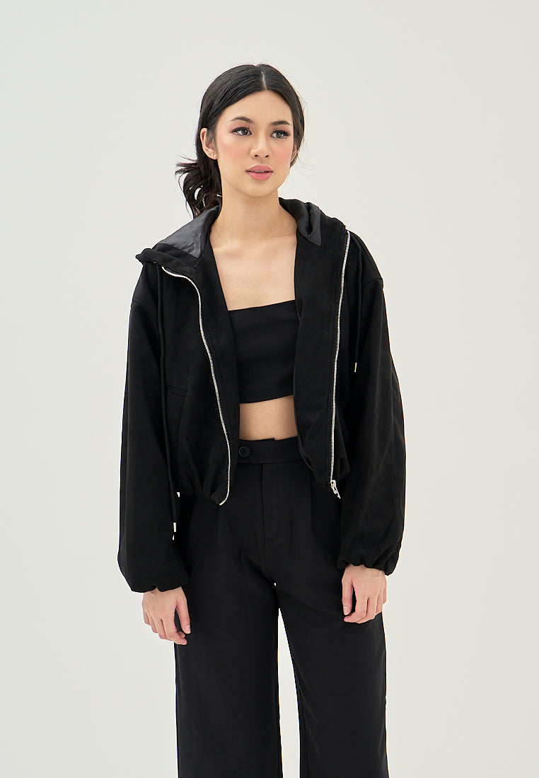 Jarra Black Zipper Fly Elastic Wasit Drawstring Long Sleeve Oversize Hoodie Jacket