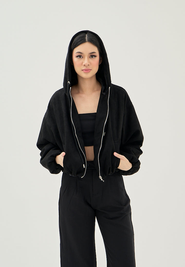 Jarra Black Zipper Fly Elastic Wasit Drawstring Long Sleeve Oversize Hoodie Jacket