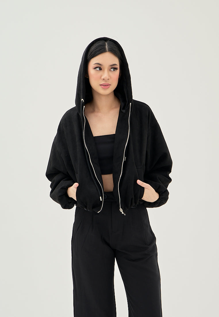 Jarra Black Zipper Fly Elastic Wasit Drawstring Long Sleeve Oversize Hoodie Jacket