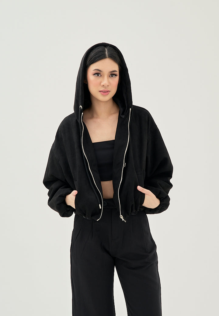 Jarra Black Zipper Fly Elastic Wasit Drawstring Long Sleeve Oversize Hoodie Jacket