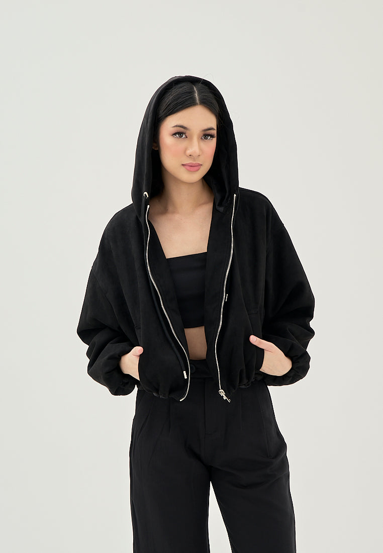 Jarra Black Zipper Fly Elastic Wasit Drawstring Long Sleeve Oversize Hoodie Jacket