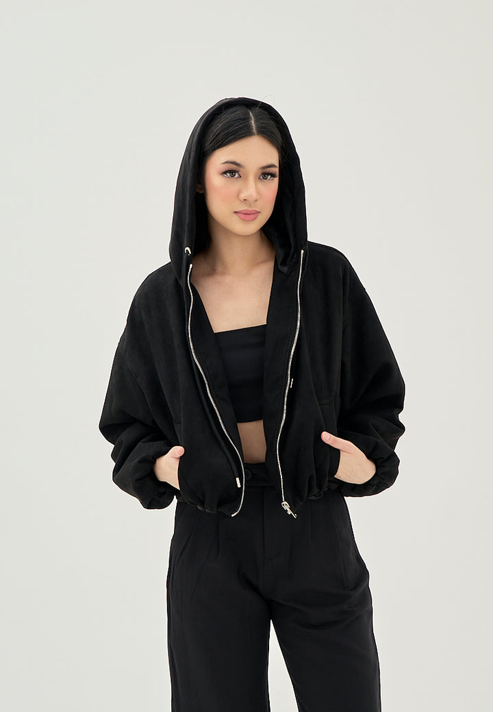 Jarra Black Zipper Fly Elastic Wasit Drawstring Long Sleeve Oversize Hoodie Jacket