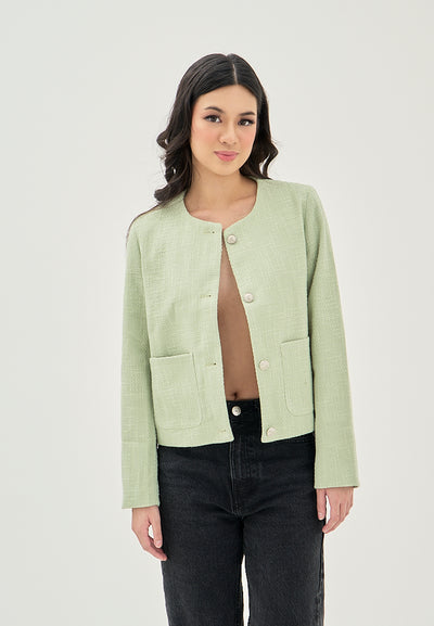 Peachy Green Round Neck Buttons Up Front Pockets Long Sleeve Tweed Top