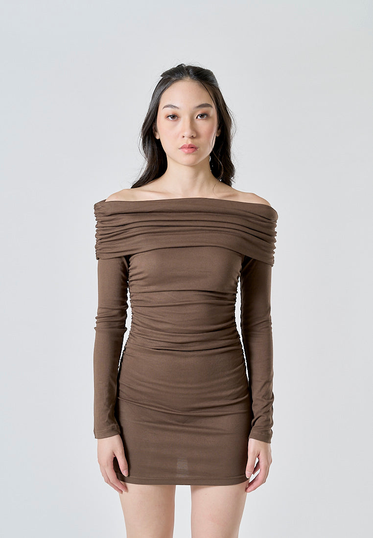 Celeste Brown Off Shoulder Ruched Long Sleeves Bodycon Mini Dress Love, Ara Celeste Brown Off Shoulder Ruched Long Sleeves Bodycon Mini Dress Love, Ara