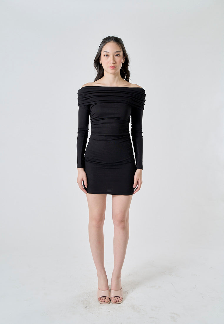 Celeste Black Off Shoulder Ruched Long Sleeves Bodycon Mini Dress Love, Ara Celeste Black Off Shoulder Ruched Long Sleeves Bodycon Mini Dress Love, Ara