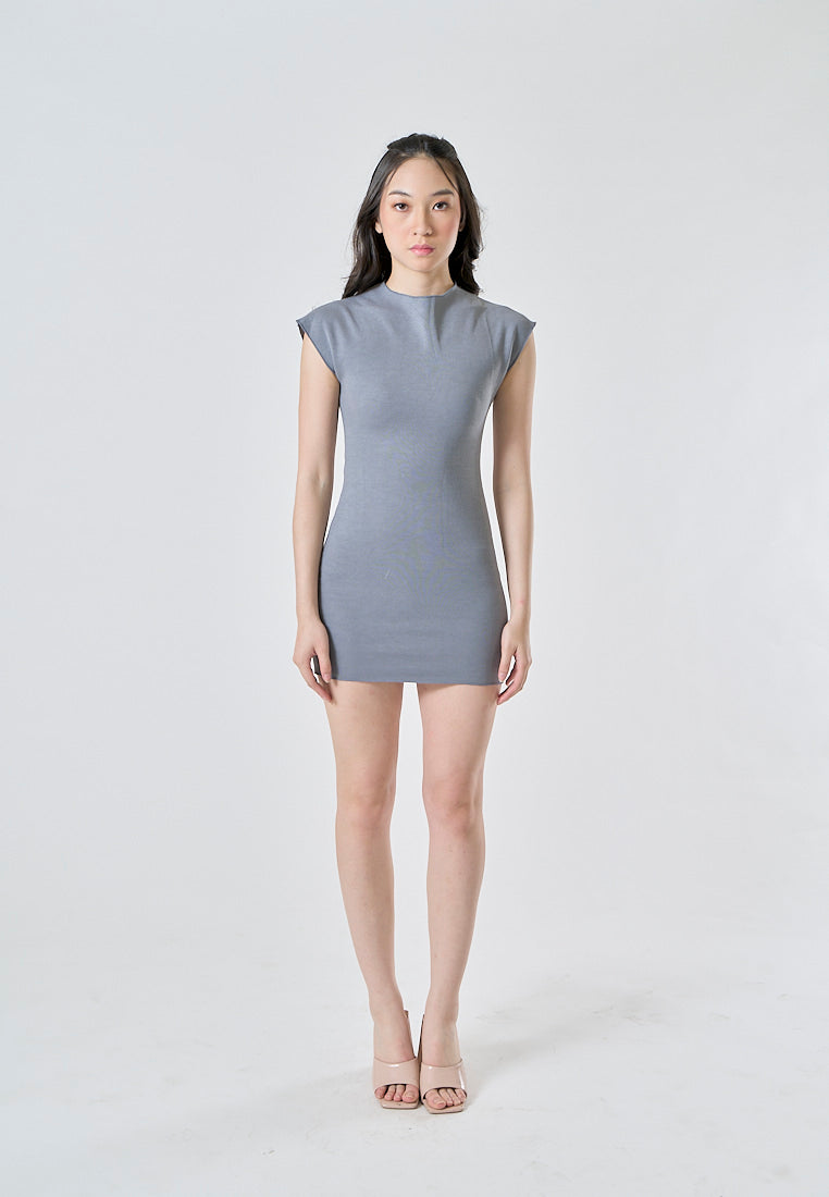 Fossette Gray Knitted Crew Neck Short Sleeves Basic Mini Dress