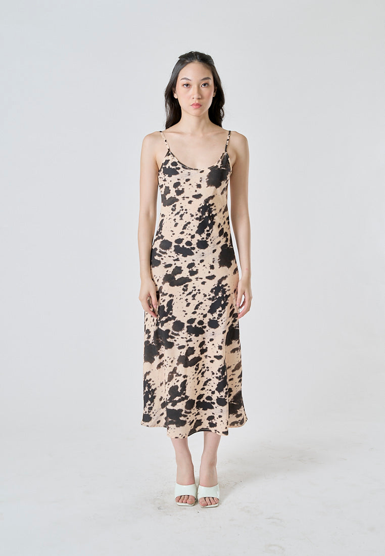 Mufasa Brown Beige Print Spaghetti Strap Low Back Slip Mid Dress