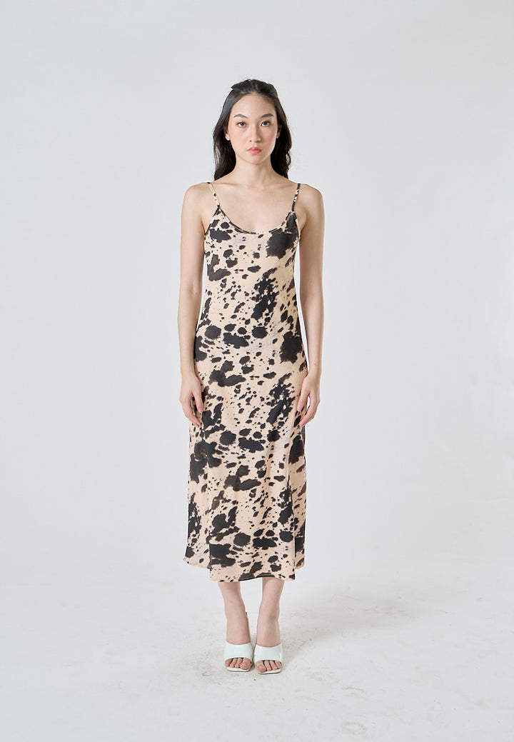 Mufasa Brown Beige Print Spaghetti Strap Low Back Slip Mid Dress