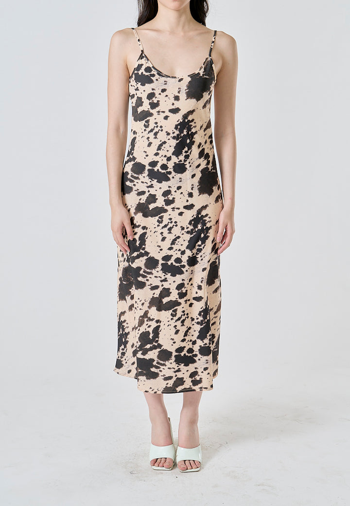 Mufasa Brown Beige Print Spaghetti Strap Low Back Slip Mid Dress