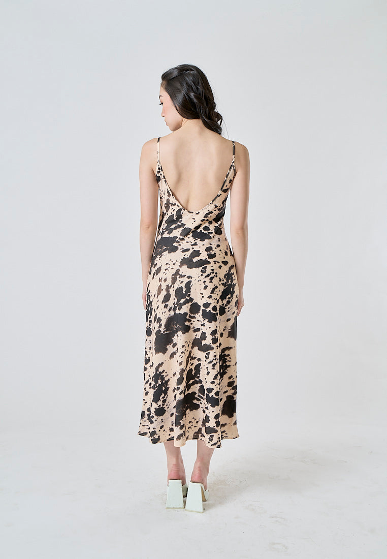Mufasa Brown Beige Print Spaghetti Strap Low Back Slip Mid Dress