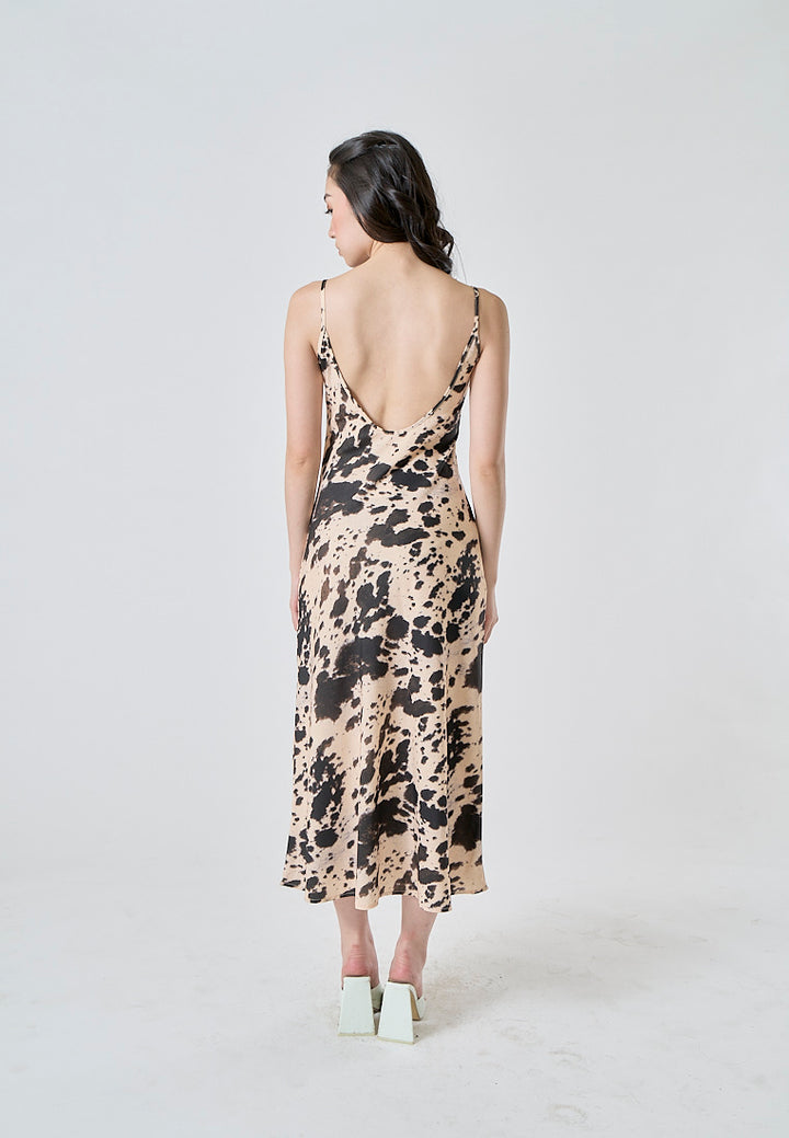 Mufasa Brown Beige Print Spaghetti Strap Low Back Slip Mid Dress