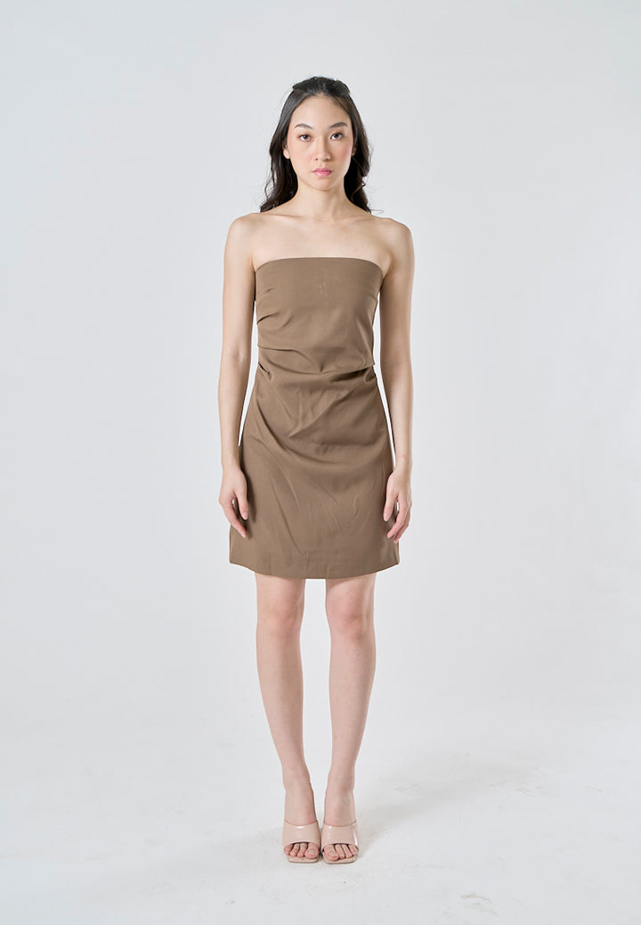 Lizett Cedar Brown Pleated Zipper Back Tube Mini Dress