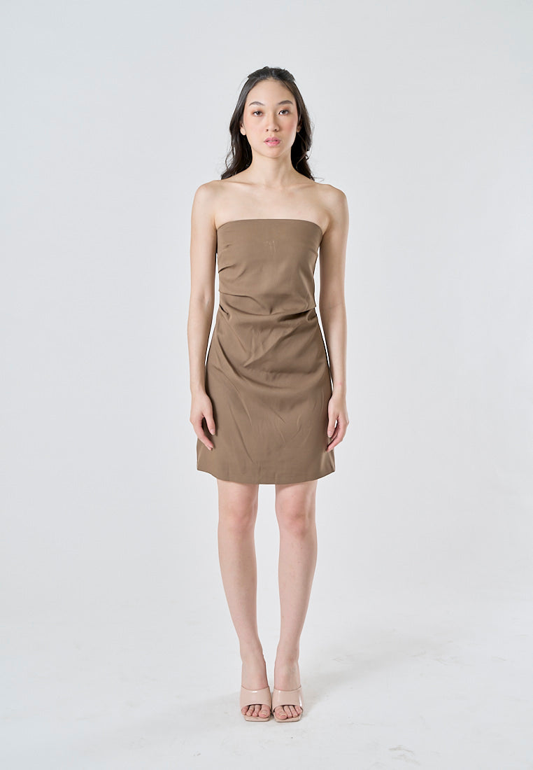 Lizett Cedar Brown Pleated Zipper Back Tube Mini Dress