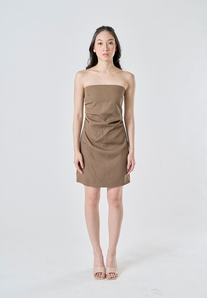 Lizett Cedar Brown Pleated Zipper Back Tube Mini Dress
