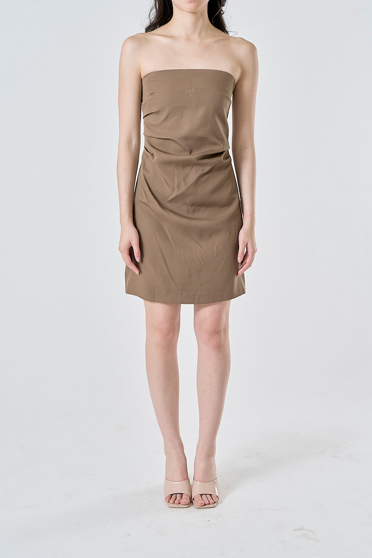 Lizett Cedar Brown Pleated Zipper Back Tube Mini Dress