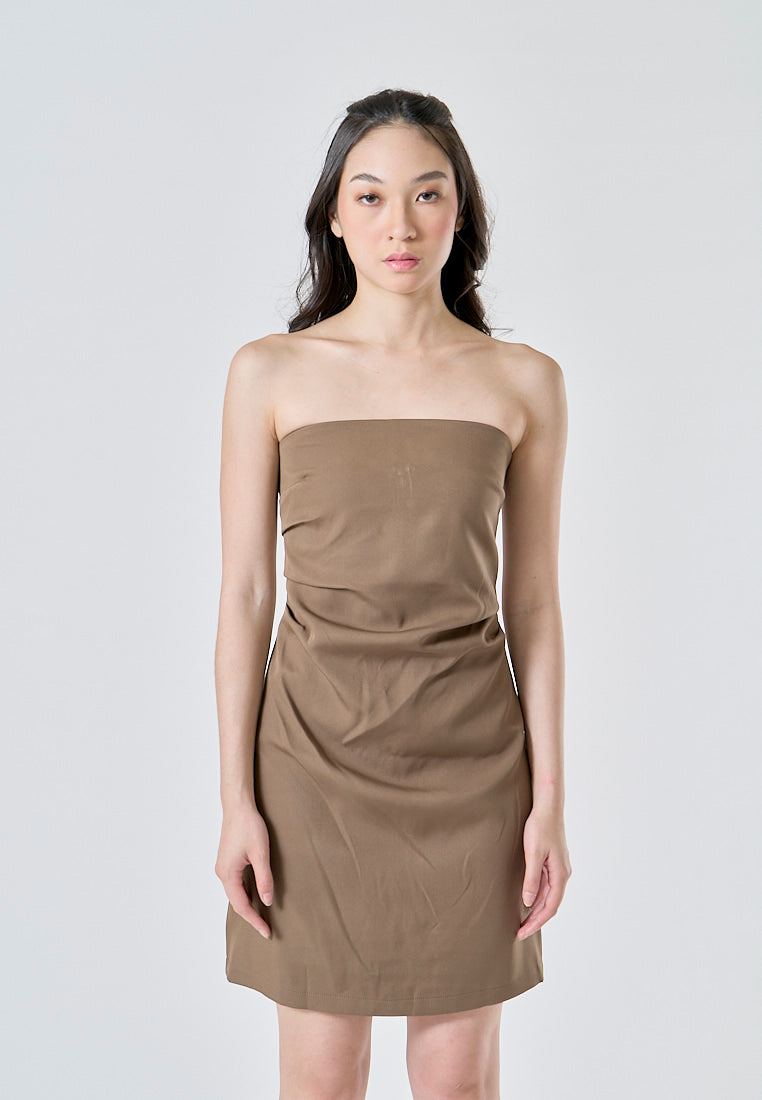Lizett Cedar Brown Pleated Zipper Back Tube Mini Dress