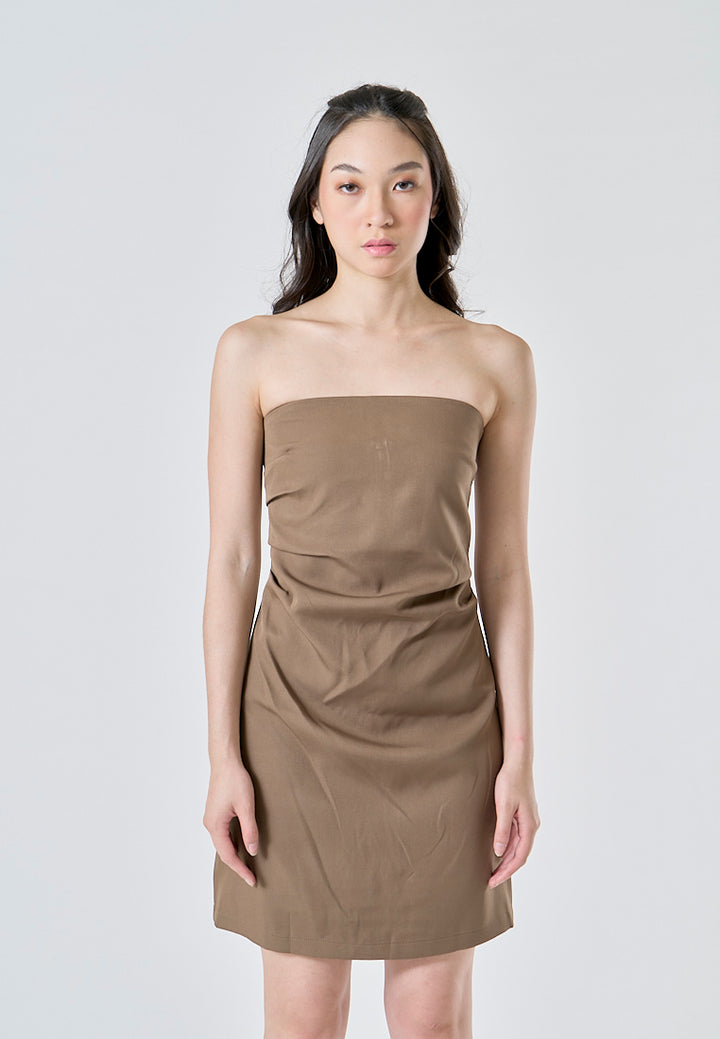 Lizett Cedar Brown Pleated Zipper Back Tube Mini Dress