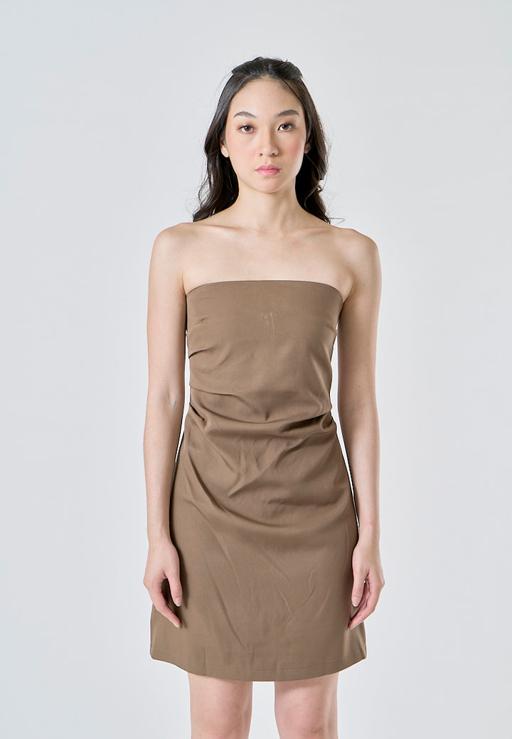 Lizett Cedar Brown Pleated Zipper Back Tube Mini Dress