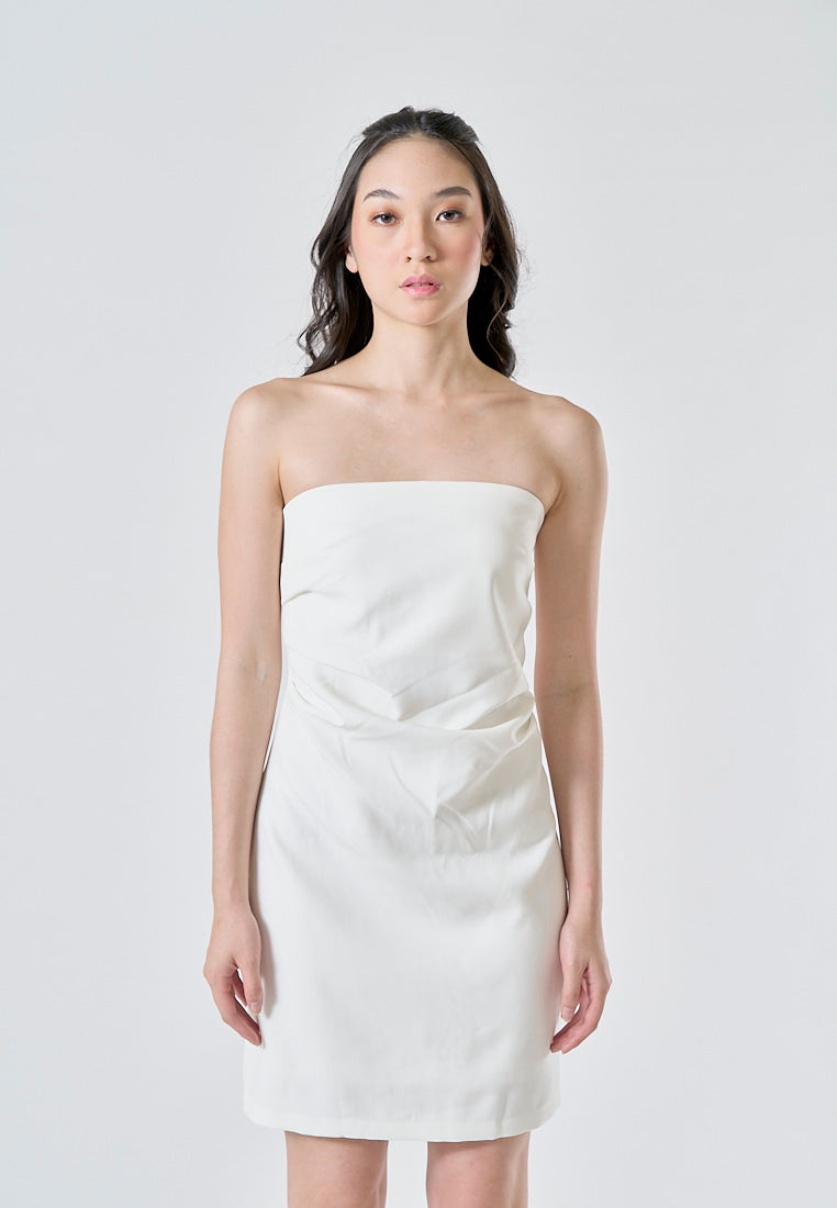Lizett White Pleated Zipper Back Tube Mini Dress