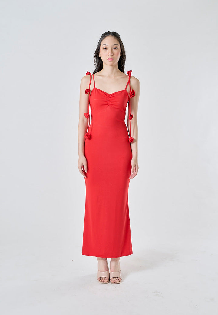 Isabeau Red Wine Spaghetti Shoulder Straps Decorated with Pretty Rose Appliques Midi Dress