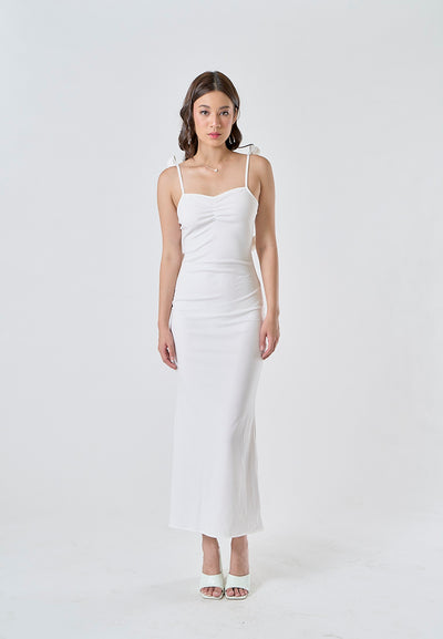 Isabeau Dream White Spaghetti Shoulder Straps Decorated with Pretty Rose Appliques Midi Dress