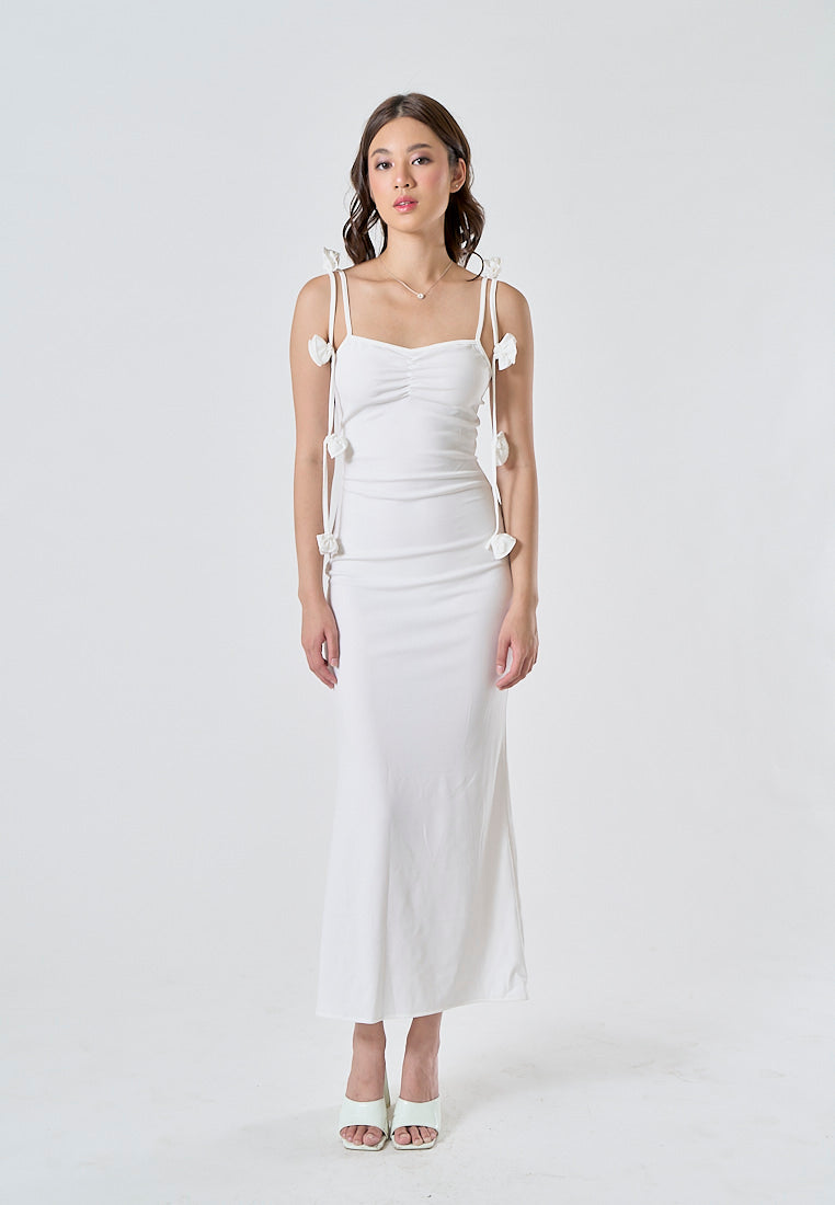 Isabeau Dream White Spaghetti Shoulder Straps Decorated with Pretty Rose Appliques Midi Dress