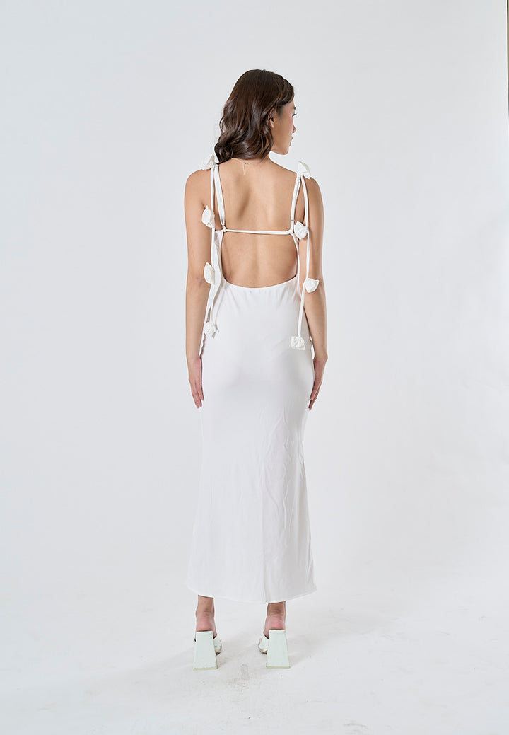 Isabeau Dream White Spaghetti Shoulder Straps Decorated with Pretty Rose Appliques Midi Dress