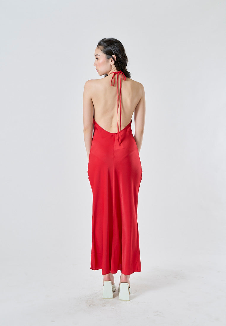 Cariana Tomato Red Halter Neck Open Back Sleeveless Midi Dress