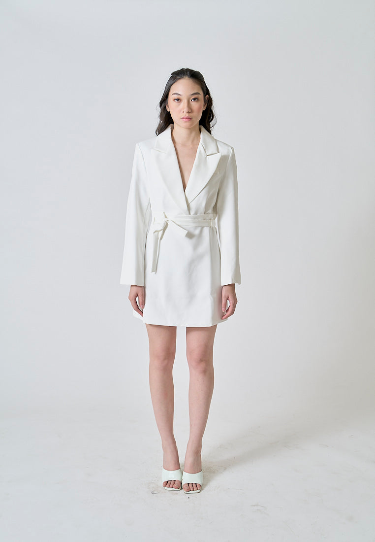 Neige White Peak Collar Long Sleeves Wrap Blazer Mini Dress