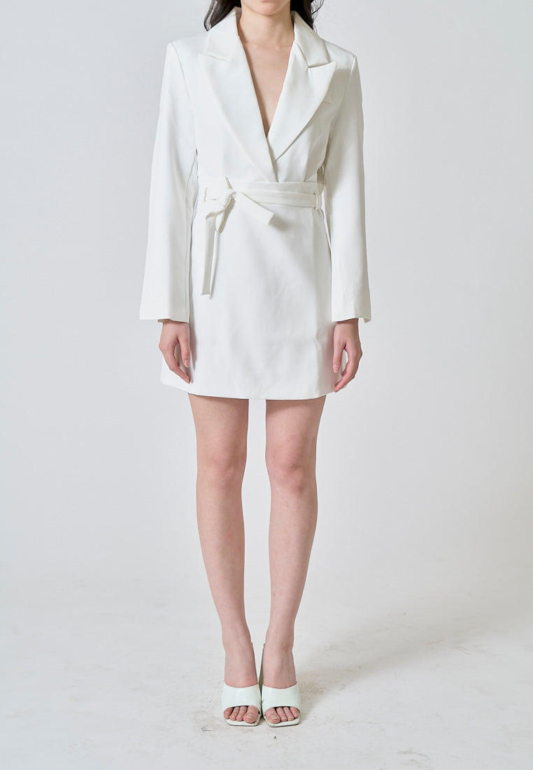 Neige White Peak Collar Long Sleeves Wrap Blazer Mini Dress