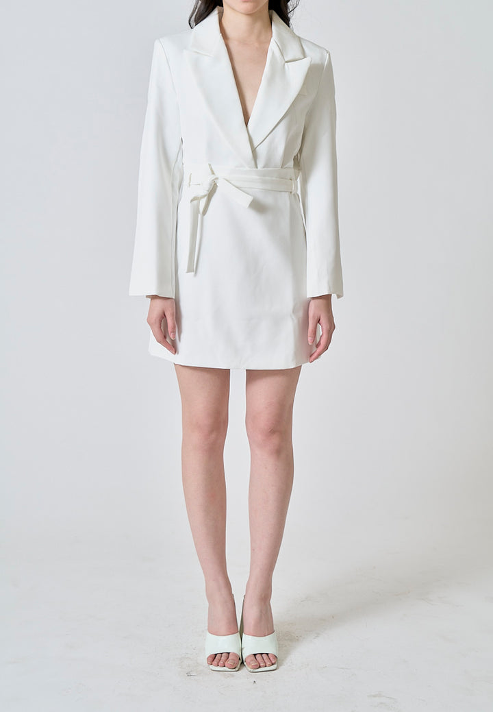 Neige White Peak Collar Long Sleeves Wrap Blazer Mini Dress