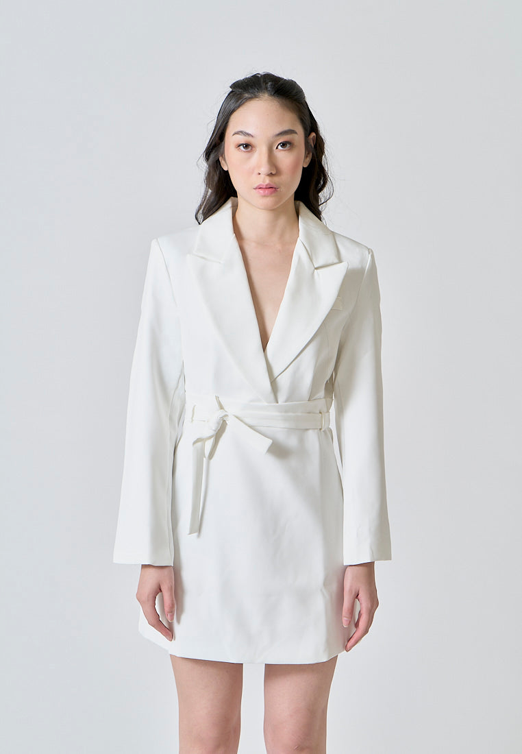 Neige White Peak Collar Long Sleeves Wrap Blazer Mini Dress