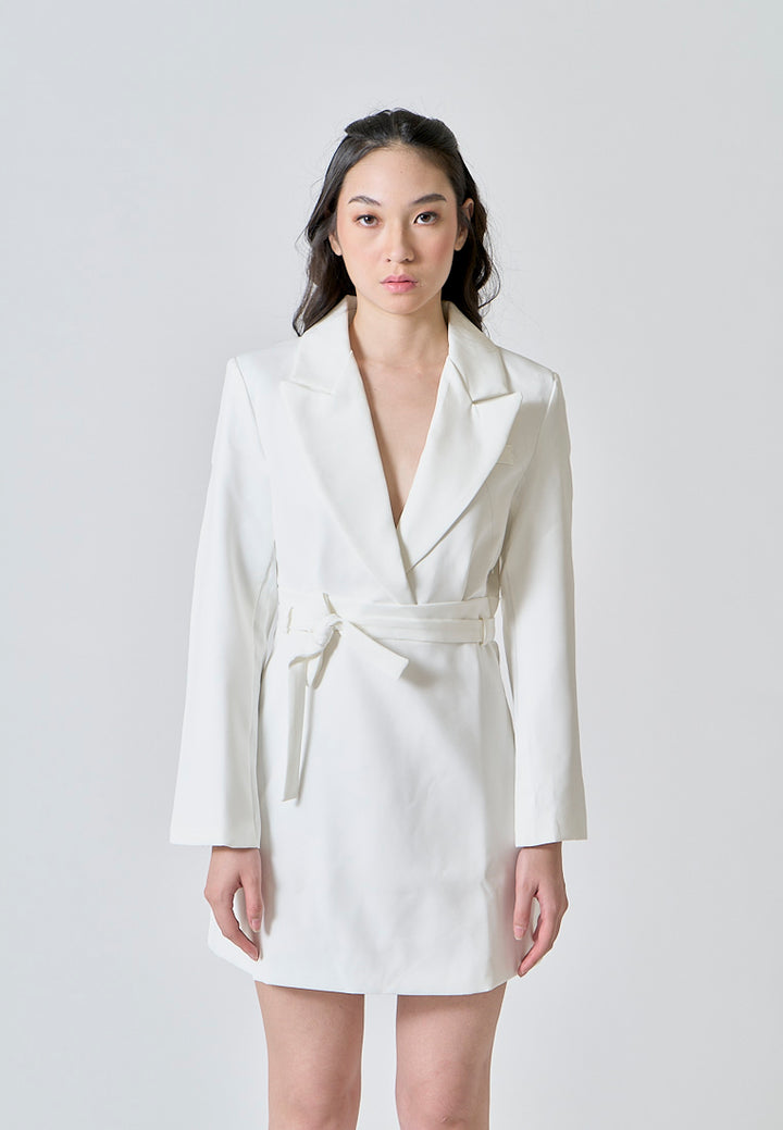 Neige White Peak Collar Long Sleeves Wrap Blazer Mini Dress