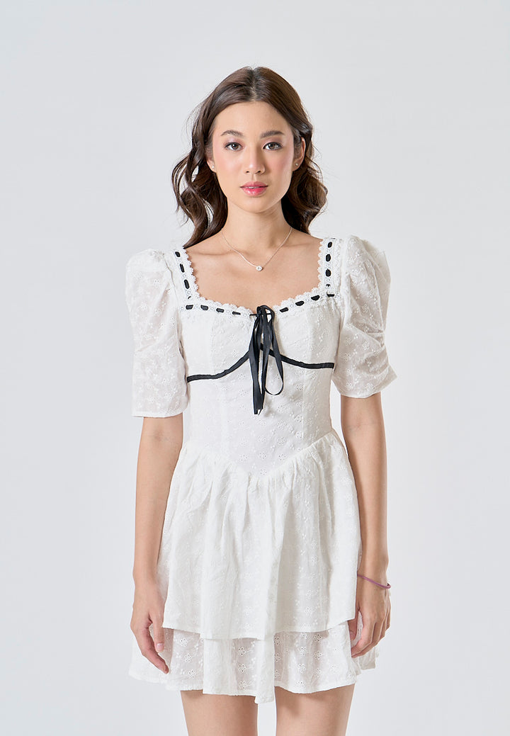 Mireil White Eyelet Square Neck with Black Ribbon Short Sleeves Layered Mini Dress