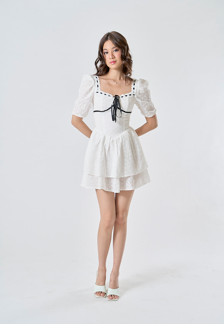 Mireil White Eyelet Square Neck with Black Ribbon Short Sleeves Layered Mini Dress